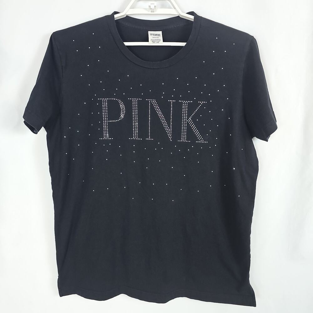 Victoria's Secret PINK Perfect Tee Black Rhinestone Bling Shirt Top Women Sz. L